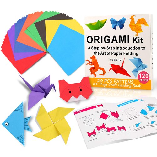 Yibeishu Origami Kit for Kids, 120 Sheets Origami Paper with Instructions Book, 6x6 Inch Square Easy Single Sided Color Folding Paper Set for Beginners Adults Kids Activity Birthday Christmas Gift