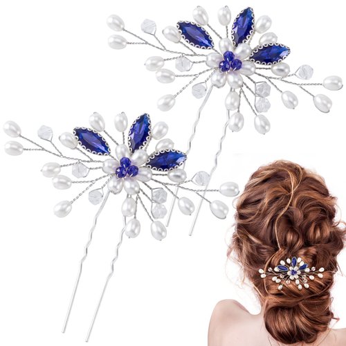 PAGOW 2PCS Pearl Bride Wedding Hair Pins Crystal Bridal Hair Accessories Rhinestone Hair Piece for Women Girls Silver Blue(90 x 84mm)