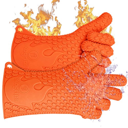 Jolly Green Products Ekogrips Premium Heat-Resistant BBQ Gloves for Cooking and Meat Handling, Kitchen Oven Gloves, Fireplace Accessory, Campfire Gloves, BBQ Mitt, Dishwashing Gloves (Orange, L/XL)