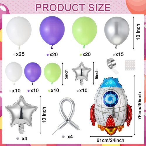 134 Pieces Buzz Birthday Party Balloon Garland Arch Kit 10 5 inch Purple Green Silver White Latex Balloons with Rocket Star Foil Balloon for Buzz Themed Birthday Party Decorations