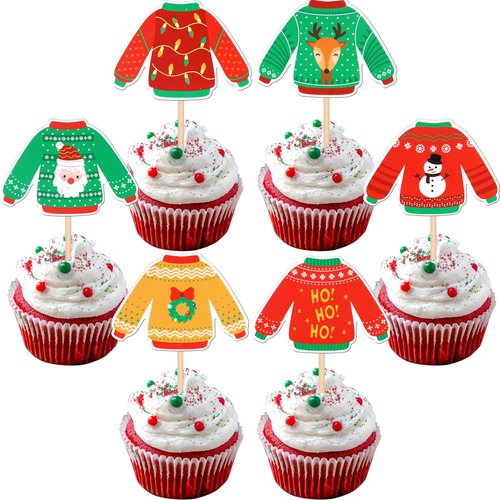 36 PCS Ugly Sweater Cupcake Toppers Merry Christmas Cupcake Picks Ugly Sweater Party Decorations for Christmas Ugly Sweater Theme Xmas Holiday Baby Shower Birthday Party Cake Decorations Supplies