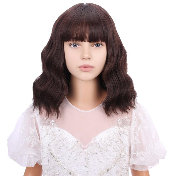 WAVELNM Brown Wigs for Kids Girls Dark Brown Bob Wigs with Bangs Short Curly Wavy Wigs for Child Short Bob Wig Synthetic Wig with Wig Cap