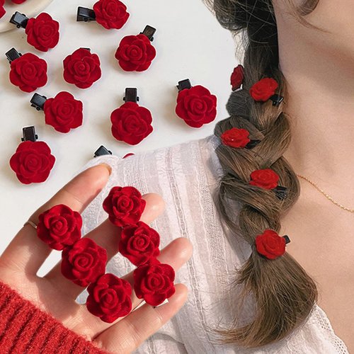 Red Mini Rose Hair Clip for Women Flower Hair Barrettes Headpiece Hair Vintage Bridal Hair Pins for Girls Wedding Halloween Christmas Birthday Party Mother's Valentine Day