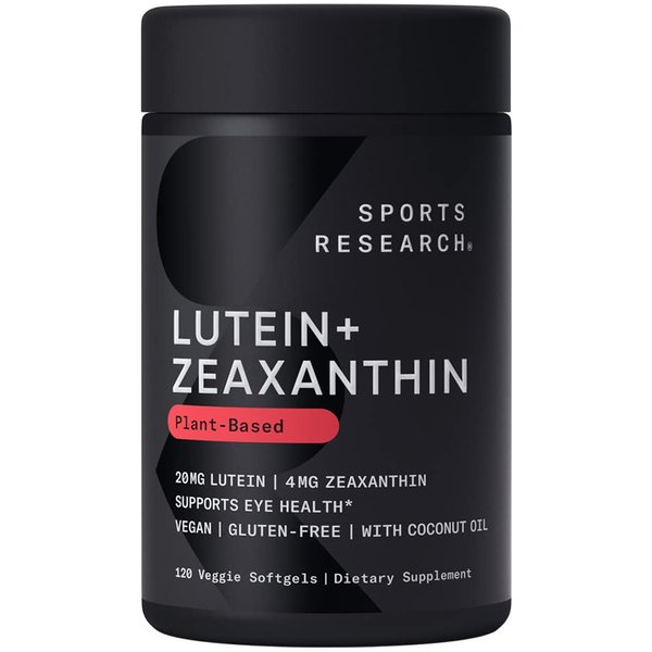 Sports Research Vegan Lutein + Zeaxanthin (20mg) with Organic Coconut Oil for Better Absorption - Supports Vision & Eye Health - Vegan Certified & Non-GMO Verified (120 Softgels)