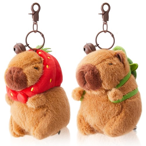Simgoing 2 Pcs Capybara Plush Keychain Valentine’s Day Gift Capybara Stuffed Animals Toy Capybara Pendant for Party Valentine's Gifts Exchange Valentines Party Favor(Turtle Bag, Strawberry Hood)