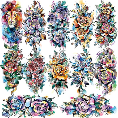 CUTELIILI 30 Sheets 3D Watercolor Rose Temporary Tattoos For Women, Colorful Fake tattoos Long Lasting, Flower Temp Tattoo Stickers Moon Snake Lion Wolf Tiger