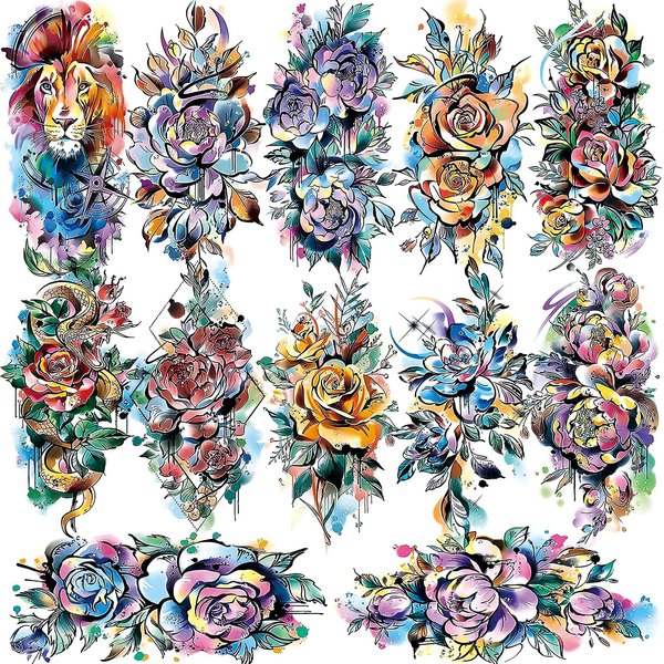 CUTELIILI 30 Sheets 3D Watercolor Rose Temporary Tattoos For Women, Colorful Fake tattoos Long Lasting, Flower Temp Tattoo Stickers Moon Snake Lion Wolf Tiger