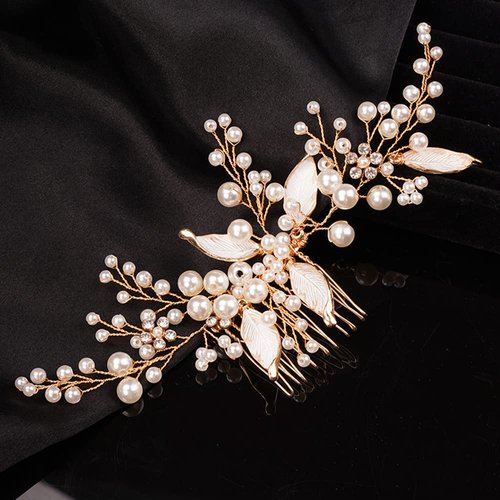 Teyglen Gold Leaf Headpiece Pearl Bride Wedding Hair Comb Gold Leaf Pearl Side Hair Comb Handmade Hair Pieces Bridal Hair Accessories for Women Bride Girls