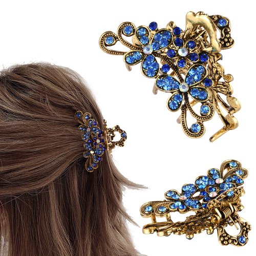 CROWN GUIDE Vintage Rhinestone Hair Claw Crystal Jaw Clips,Metal Alloy Fancy Hair Barrette Decorative Flowers Hair Clasps Accessories for Women Thick Hair Blue