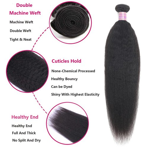 Kinky Straight Human Hair Bundles 16Inch Yaki Straight Human Hair Extensions 1 Bundles Unprocessed Brazilian Virgin Kinky Straight Human Hair For Black Women Natural Black