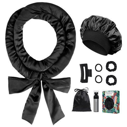 Gwabee Satin Heatless Curls Overnight Hair Curlers to Sleep In Hair Curler Rollers No Heat Hair Wrap for Curls Headband, 70" Satin Heatless Curling Rod Set for Women Long Waves Hair Volume -Black 9PCS