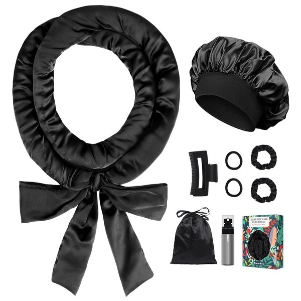 Gwabee Satin Heatless Curls Overnight Hair Curlers to Sleep In Hair Curler Rollers No Heat Hair Wrap for Curls Headband, 70" Satin Heatless Curling Rod Set for Women Long Waves Hair Volume -Black 9PCS