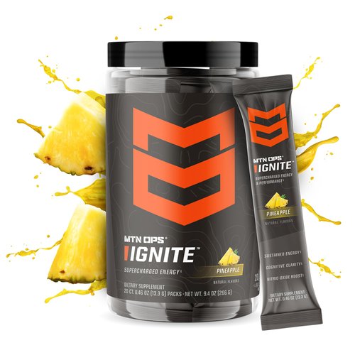 MTN OPS Ignite Trail Packs Energy Drink Powder, Gluten Free Nitric Oxide Supplement Drink Mix, L Arginine, L Citrulline, Caffeine & Nootropic Sugar Free Drink Mix, 20 Servings, Pineapple Crush