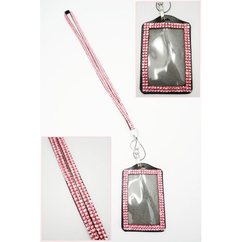 Pink Crystal Lanyard w/ Vertical Rhinestone Lined Badge Holder