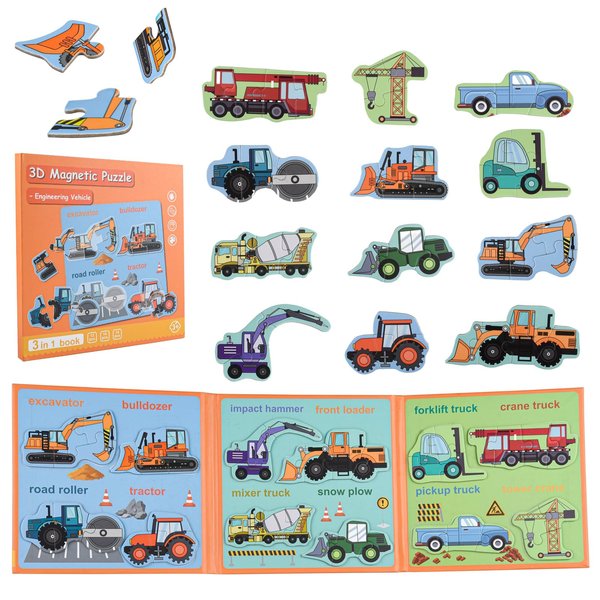 ASTARON 3D Magnetic Puzzle with 60 Puffy Stickers for Toddlers, 41 Pieces Construction Vehicles Toddler Puzzles Preschool Education Learning Travel Toys Car Plane Activities for Kids Quiet Time
