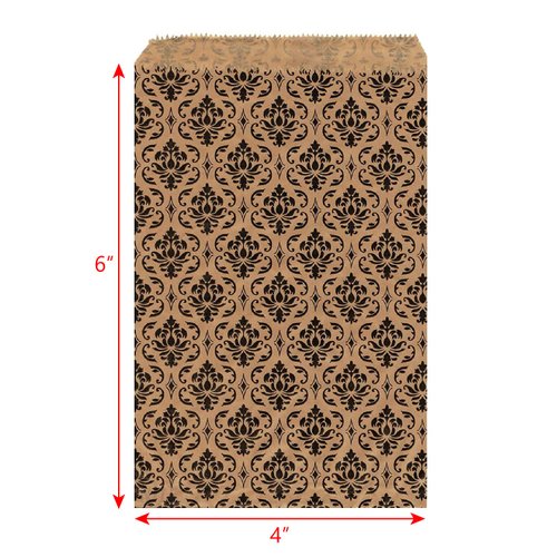 MOOCA 200 Pcs Damask Paper Gift Bags Bulk, Small Business Bags, Small Jewelry Bags, Candy Bags, Popcorn Bags, Cookie Bags, Treat Bags, Bags for Packaging, 4 W x 6 H in, Brown with Black Damask