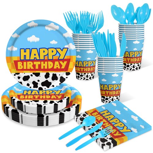 Inspired Story Birthday Party Supplies Cartoon Story Birthday Party Decorations Cartoon Story Plates and Napkins Tableware Set Blue Cloud Cow Print Party Supplies for Kids 1st 2nd 3rd 4th Party