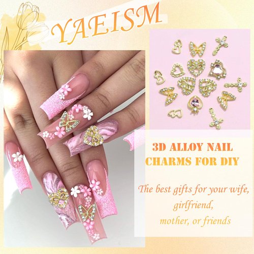 YAEISM Gold Nail Charms 35PCS Crystal Heart Nail Charms 3D Alloy Cross Nail Charms Metal Butterfly Charms Nail Rhinestones for Women Nail Art and DIY Crafts