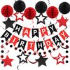 meowtastic Birthday Decorations, Happy Birthday Banner with Honeycomb Balls, Star Hanging Swirl Streamers, Circle Dots Garland, Happy Birthday Party Decorations for Women Men Boys Girls (Red & Black)
