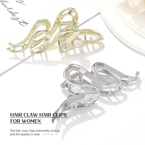 Brinie Claw Hair Clips Gold Metal Hair Clamps Pearl Hair Claw Clips Stylish Hair Clips Nonslip Hair Claw Barrettes Hair Accessories for Women and Girls (Pack of 2)