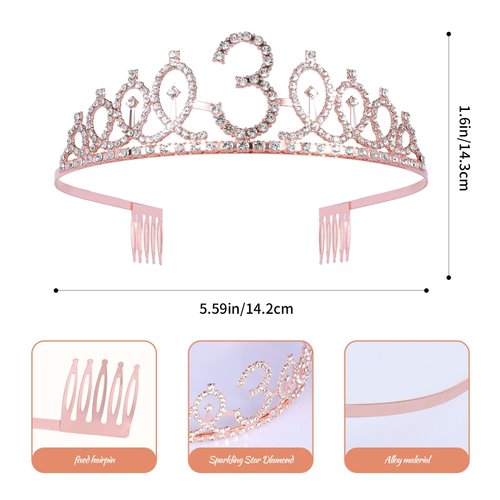 JasperKino 3th Birthday Sash and Tiara Set Rose Gold Birthday Sash Crown Birthday Party Favors Supplies for Birthday Party
