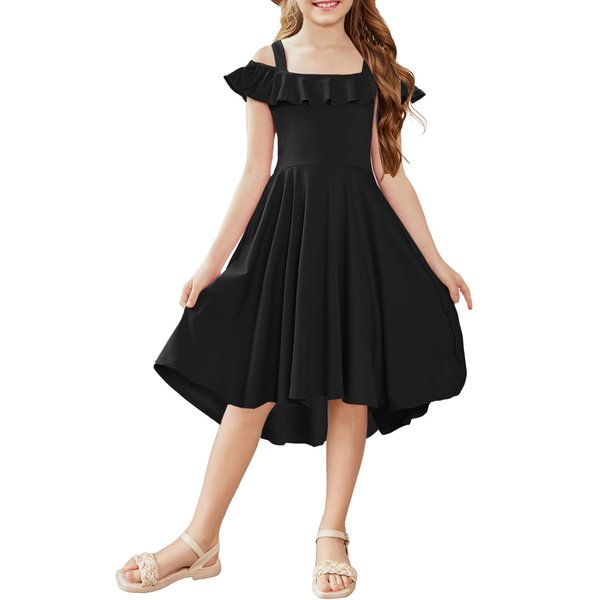 Arshiner Girls Summer Black Formal Dress with Pockets 4-12 Years,Black,10-11 Years