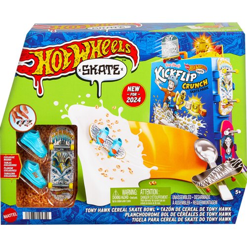 Hot Wheels Skate Tony Hawk Cereal Bowl Fingerboard Set, 1 Exclusive Board & Pair of Removable Skate Shoes, Storage for up to 4 Boards & 4 Pairs of Shoes