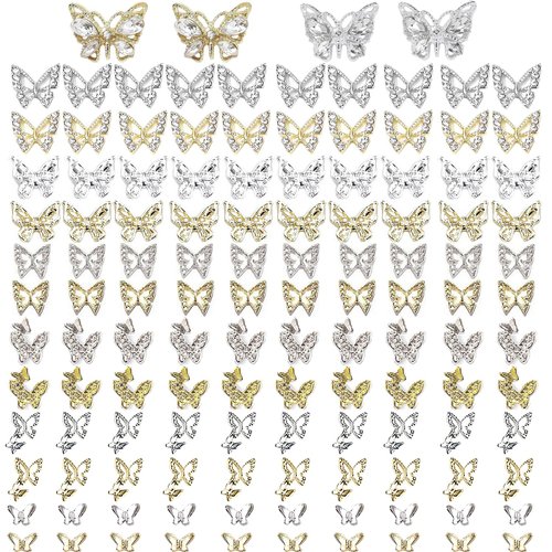 Butterfly Nail Charms,124 PCS Butterfly Charms for Nail Silver Butterfly Charms Gold Butterfly Nail Charms Butterflies Nail Rhinestones Gems Charms for Women Nail Art Design