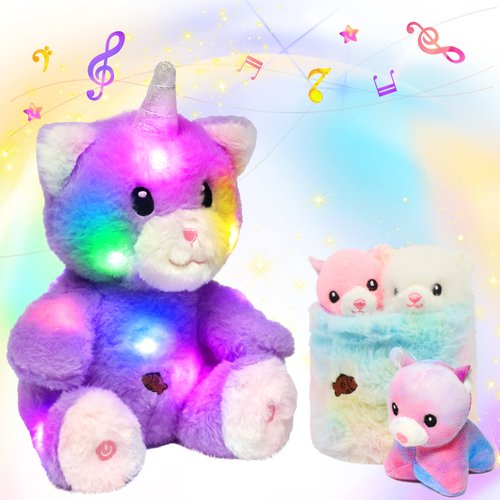 Hopearl LED Musical Stuffed Cat with Removable Bucket Lighting Up Singing Plush Toy Playset Mommy Cat with 3 Baby Kittens in The Basket Adjustable Volume Lullaby Animated Soothe Gifts for Kids, 12''