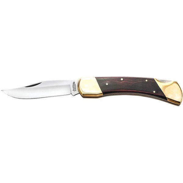 Uncle Henry LB7CP Bear Paw Traditional Lockback Pocket Knife with 3.7in Clip Point High Carbon S.S. Blade, Wood Handle, Brass Bolsters, and Leather Belt Sheath for EDC, Hunting, Camping, and Outdoors,Brown
