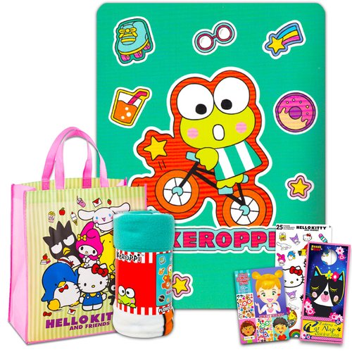 Hello Kitty and Friends Fleece Blanket Sleepover Set for Girls - Bundle with 45x60 Inch Keroppi Throw Blanket, Hello Kitty Tote Bag, Sticker Activity Book, More | Hello Kitty Room Decor