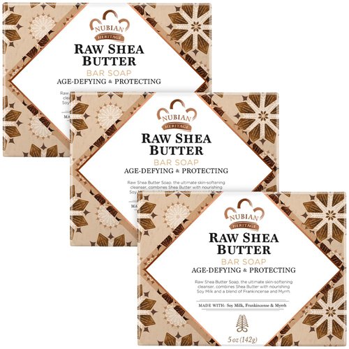 Nubian Heritage Bar Soap 3-Pack, Raw Shea Butter – Age-Defying & Protecting Body Soap Bars with Soy Milk, Frankincense and Myrrh, 5 Oz Ea