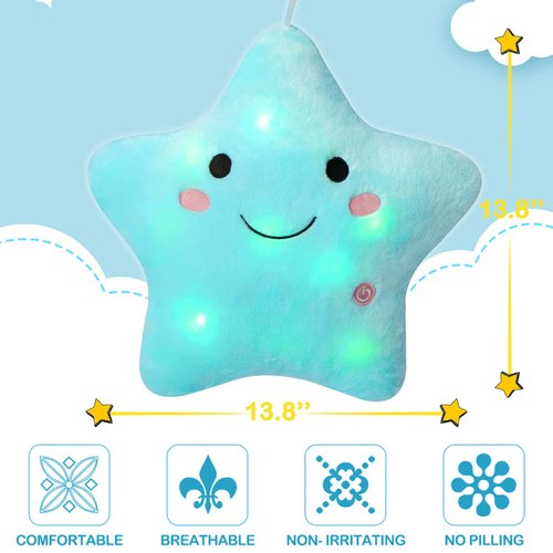 DearSun 13''Creative Twinkle Star Colorful Night Light Plush Pillows Light up Night Stuffed Toys Perfect for Birthday Christmas Holiday Valentines (Blue)
