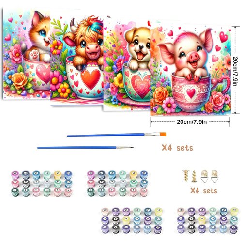 Benjenes 4 Pack Paint by Numbers for Kid Ages 4-8,Animals Paint by Number Kits for Kids, DIY Animal Oil Painting Suitable for Home Decoration (8x8inch)