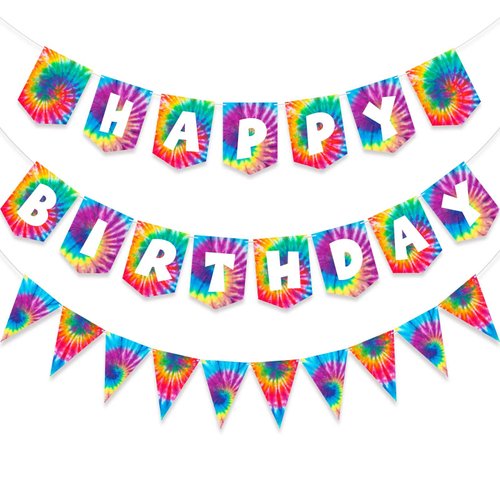 2 Pieces Tie Dye Birthday Party Supplies Happy Birthday Pennant Banner for Tie Dye Party Art Retro 60s 70s Theme Hippie Carnival Baby Shower Birthday Party Decorations