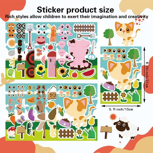 36 PCS Farm Animal Stickers Sheets, Make-a-face Sticker, Make Your Own Stickers for Kids Farm Themed Party Favors Supplies Craft Birthday Gift for Girls Boys