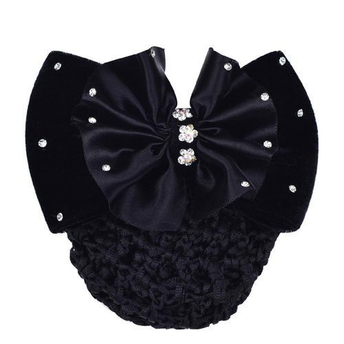Women Black Bowknot Snood Net Barrette with Rhinestone Elastic Hair Bun Cover Hair Clip Hairnet L...