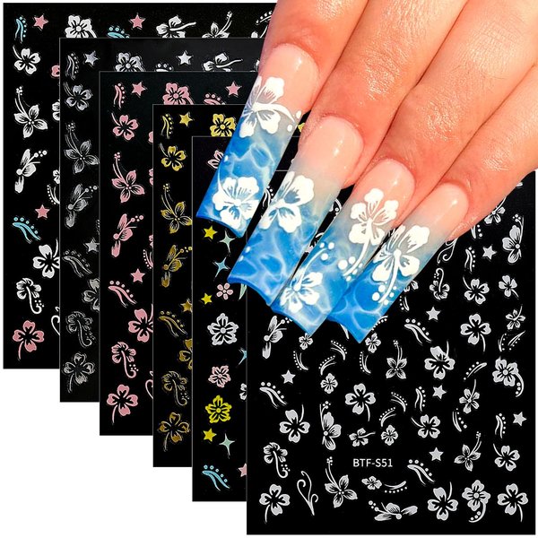 6 Sheets Flower Nail Stickers, 3D Self-Adhesive Hibiscus Nail Decals White Pink Gold Flowers Nail Art Stickers Summer Nail Design Decoration Nail Tips for Women and Girls DIY Acrylic Nails