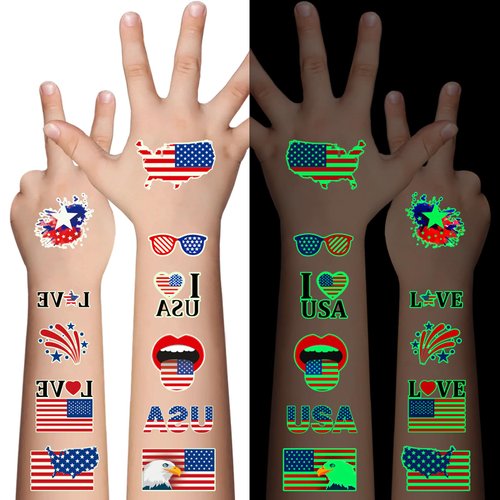 Awinmay 80PCS Luminous 4th of July Temporary Tattoos, American Flag Red White and Blue Decor, Fourth of July, USA Party Favors, Memorial Day, Independence Day,Labor Day Decorations Glow Party Supplies