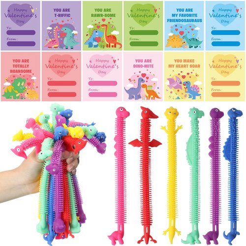Capoda 30 Set Valentines Cards with Dinosaur Stretchy String Toys Stretchy String Fidget Sensory Toys Dinosaur Pull Toy for School Class Classroom Party Favors Valentines Day Gifts(Dinosaur)