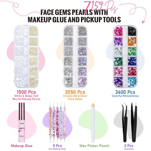 XIFEPFR 7159Pcs Face Gems Eyes Jewels with Makeup Glue, Flatback Colorful Rhinestone, Crystal AB&Clear Gems, White&Beige Pearls with Tweezers Dotting Tools for Face Makeup, Nail Art, Craft Decorations