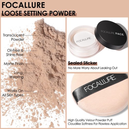 FOCALLURE Oil Control Loose Face Powder, Translucent Loose Setting Powder, Shine-Free Matte Finishing Powder, Long-lasting & Lightweight Sets Foundation Makeup, Includes Velour Powder Puff, Natural