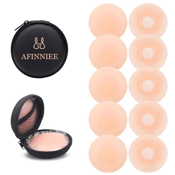 AFINNIEE 5 Pairs Pasties Nipple Cover for Women Reusable Invisible Adhesive Silicone Nipple Stickers Round Nude (Nipple Covers)