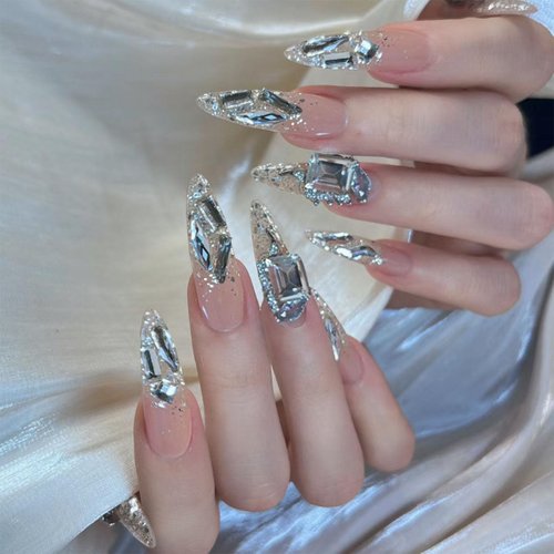 IMRAIN Press on Nails Long Stiletto Fake Nails Rhinestone French Tips False Nails with Glitter Designs Glossy Almond Nude Glue on Nails Reusable Manicure Stick on Nails UV Gel Full Cover 24Pcs