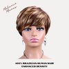 Melanin Manes Layered Pixie Cut Short Wig With Bangs 100% Brazilian Human Hair Ombre Brown with Blonde Highlights 4/27 180% Density Glueless Machine Made With Razor Comb With Wig Cap Adjustable Cap