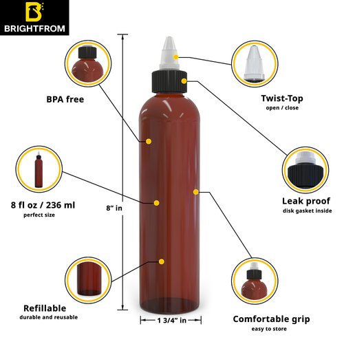 BRIGHTFROM Twist Top Applicator Bottles 8 OZ, Squeeze Empty Plastic Bottles, Black Nozzle, BPA-Free, PET, Refillable, Open/Close Nozzle - Multi Purpose (Amber) Pack of 3