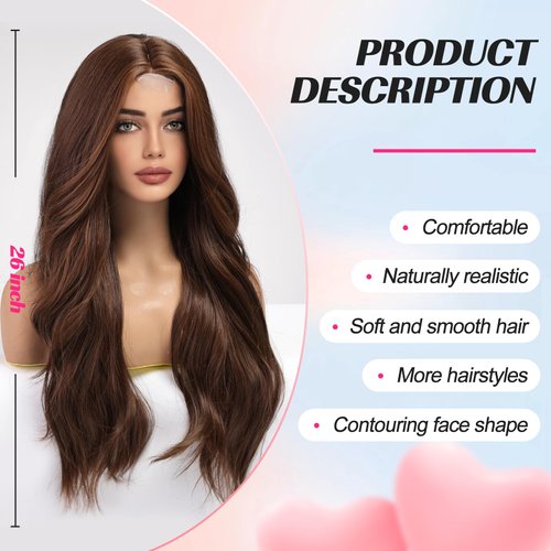 EMMOR Long Mixed Brown Wavy Wig for Women Lace Front Wigs Natural Looking 26 Inch Middle Part Curly Wig Heat Resistant Synthetic Wigs for Daily Party Use