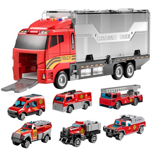 TEMI Toddler Toys for 3 4 5 6 Years Old Boys, Die-cast, Alloy Metal Emergency Fire Rescue Vehicle Transport Car / Truck Toys Set w/Play Mat for Age 3-9 Toddlers Kids Boys & Girls