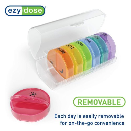 EZY DOSE Weekly (14-Day) Medication Management Bundle, Pill Case, Medicine Planner, Vitamin Organizer Box with Pill Cutter and Crusher, Convenient and Easy to Use, Colors May Vary, BPA Free