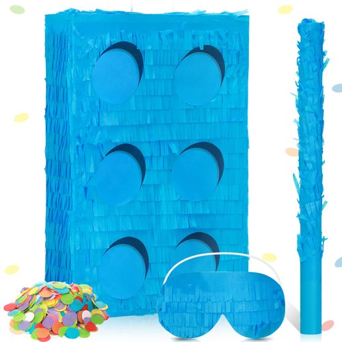 Building Blocks Piñata Bundle Fiesta Piñata Set Include Bricks Piñata, Bat Stick, Blindfold Mask and Confetti for Kids Blocks Birthday Mexican Cinco De Mayo Party Piñata Game Supplies(Blue)